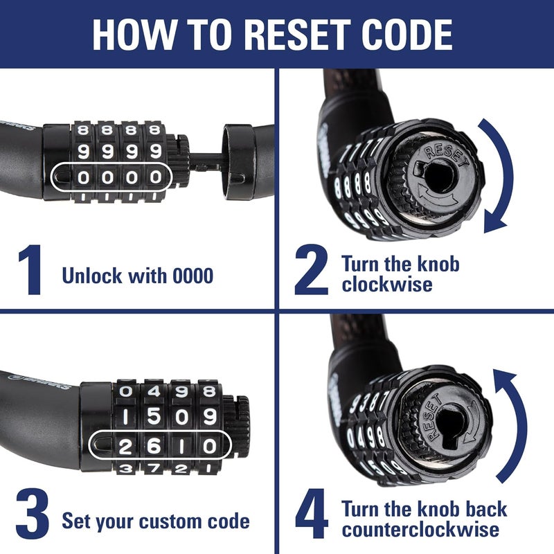 BRINKS 6 ft Outdoor Heavy Duty Bike Lock Cable, Thick, Anti Theft Self-Coiling Design, Resettable 4-Dial Combination, 5/8" Weather-Resistant Vinyl Coating for Bikes - Image 3